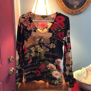 UBU Floral Silk Blend Long Sleeved Knit Top Sweater.